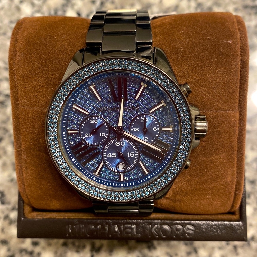 Michael Kors Wren Chronograph Blue Crystal Pave Dial Gunmetal Watch